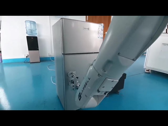 Bedrijfsvideo's over Robotic arm for refrigerator door durability test - continuously open and close